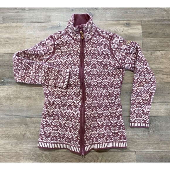 Fjallraven Snow Cardigan Womens M Wool Full Zip Fair Isle Sweater Knit Rose